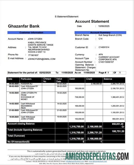 Modelo realista de extrato de conta bancária de Afeganistão Ghazanfar em Word e PDF